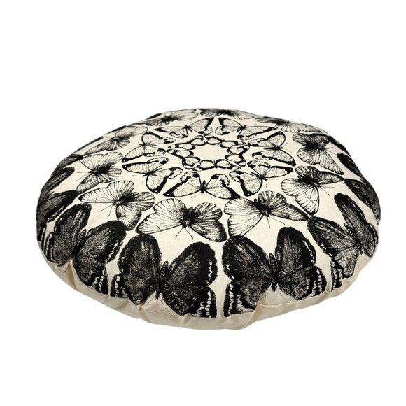 New Boho Decorative Round Throw Pillow Off-White Black Butterfly Print 15”D - Picture 2 of 7
